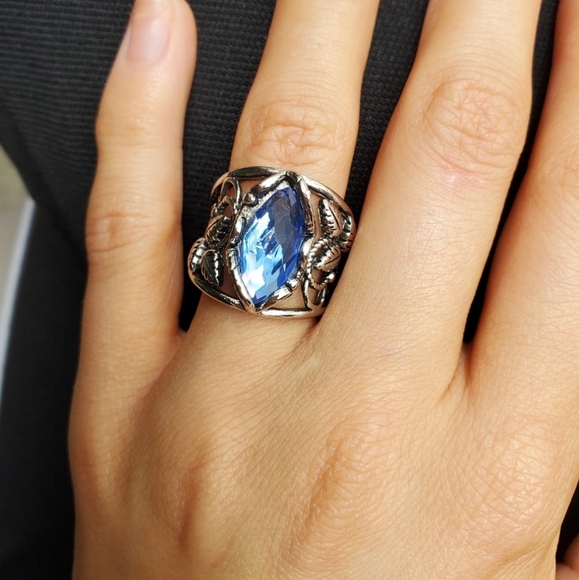 New 925 Silver Marquise Blue Sapphire Wedding Ring - Picture 3 of 9